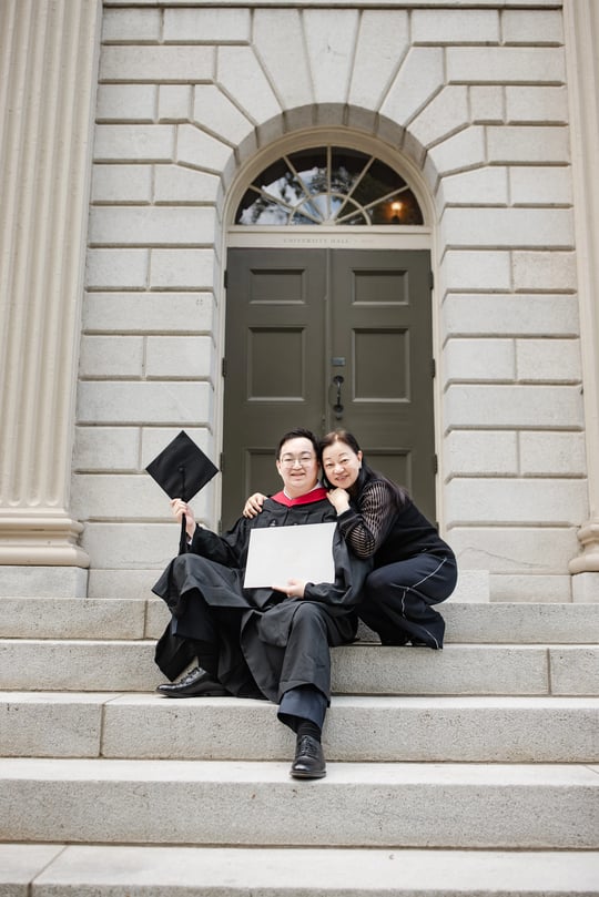 Harvard graduation portraits of man and mother at Boston, Massachusetts
