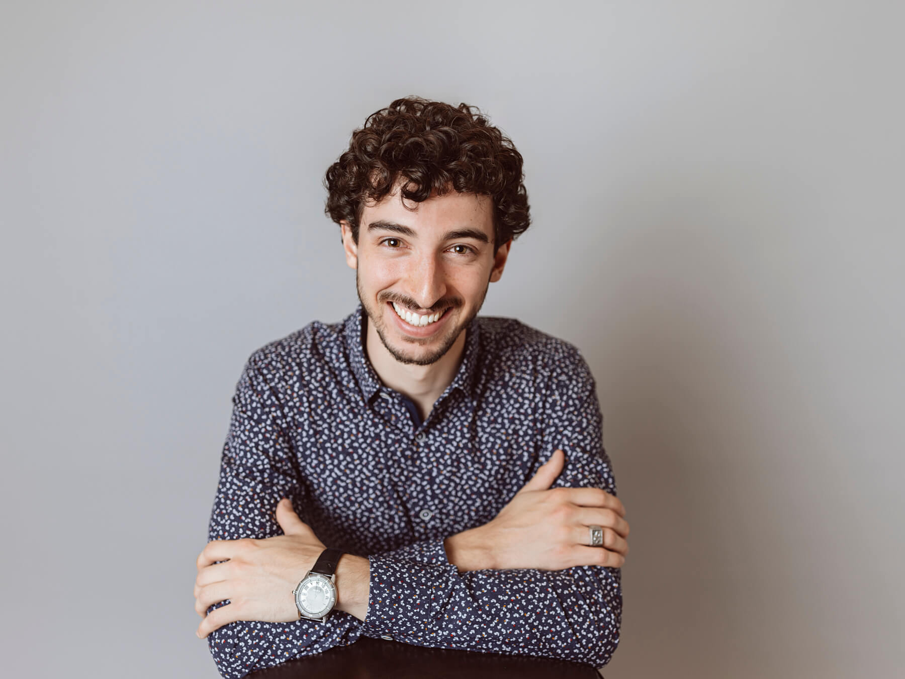 Man with curls Headshot at studio, in Lexington, Massachusetts
