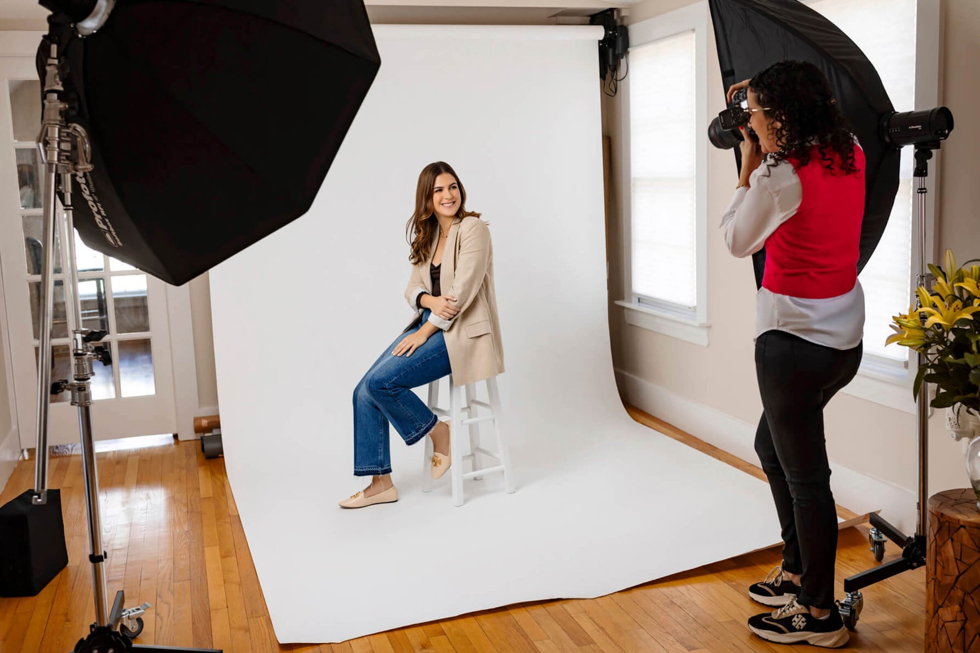 behind the scenes of woman headshot in studio in Lexington Boston-1