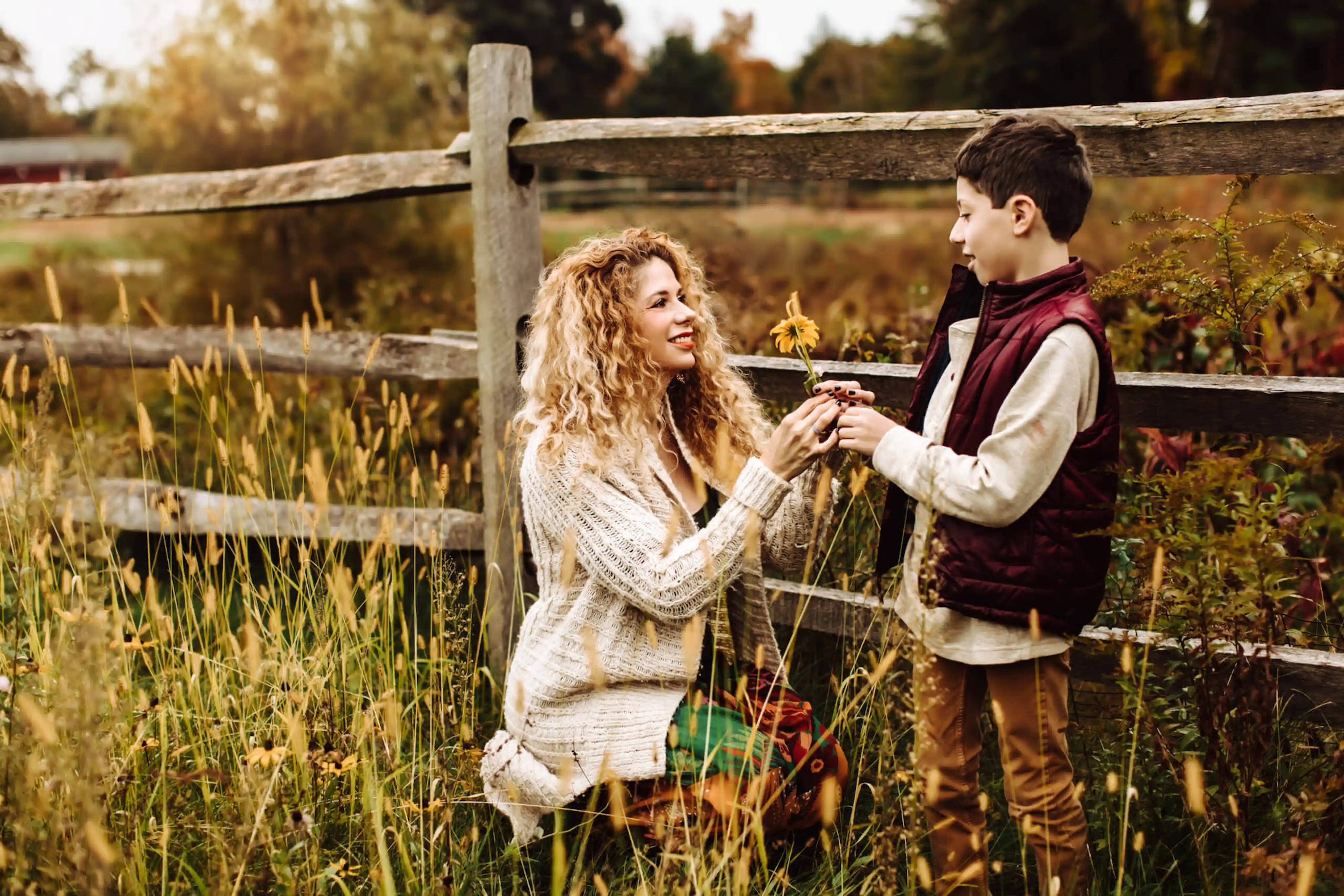 fall_mother and son in tree farm - family photography in Boston