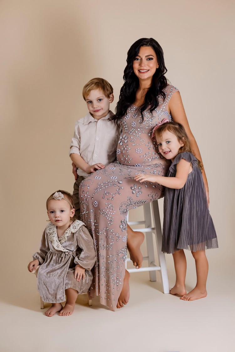 studio maternity portrait in Boston, mom and kids