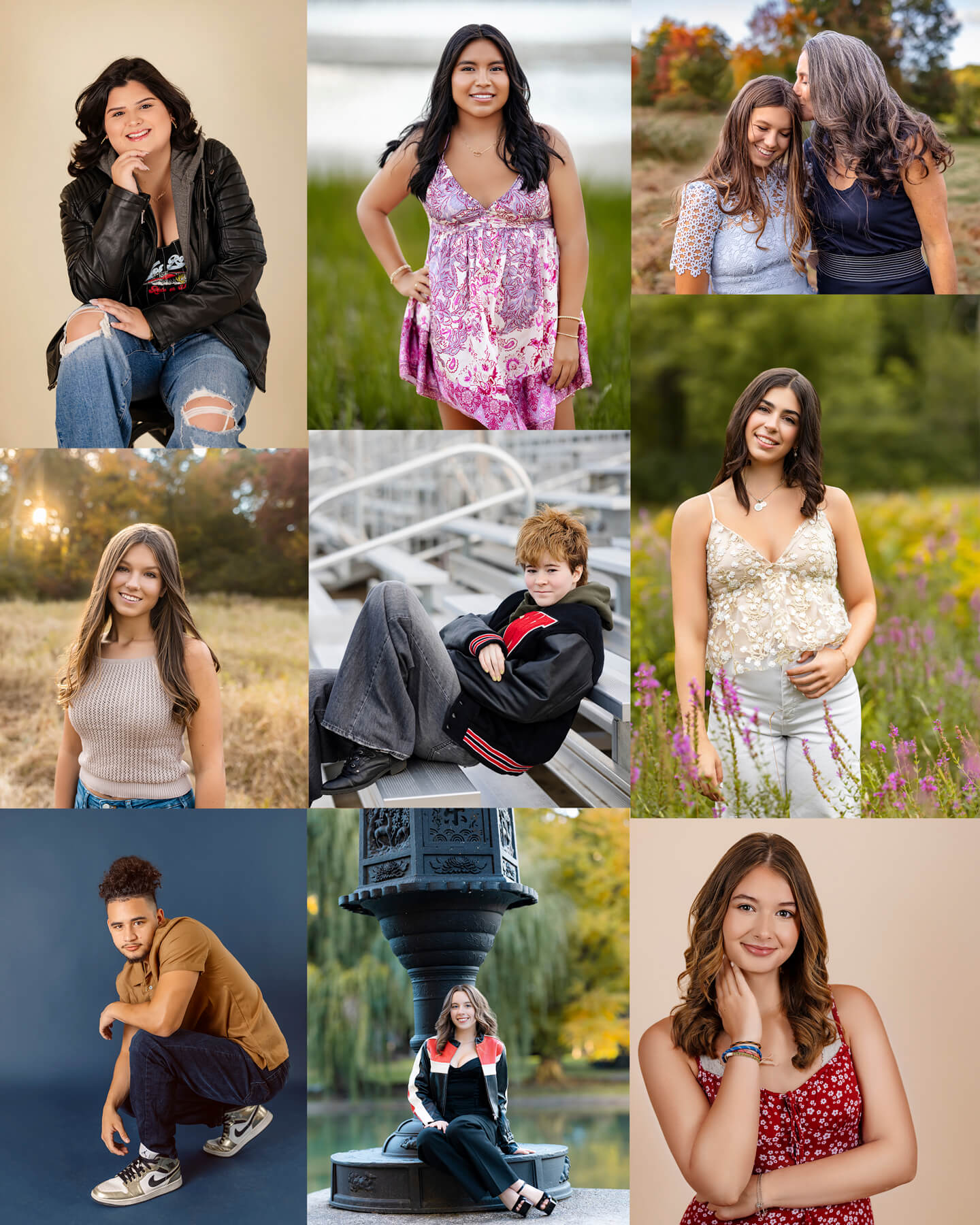 high school Senior photos collage of 9 kids, at the studio