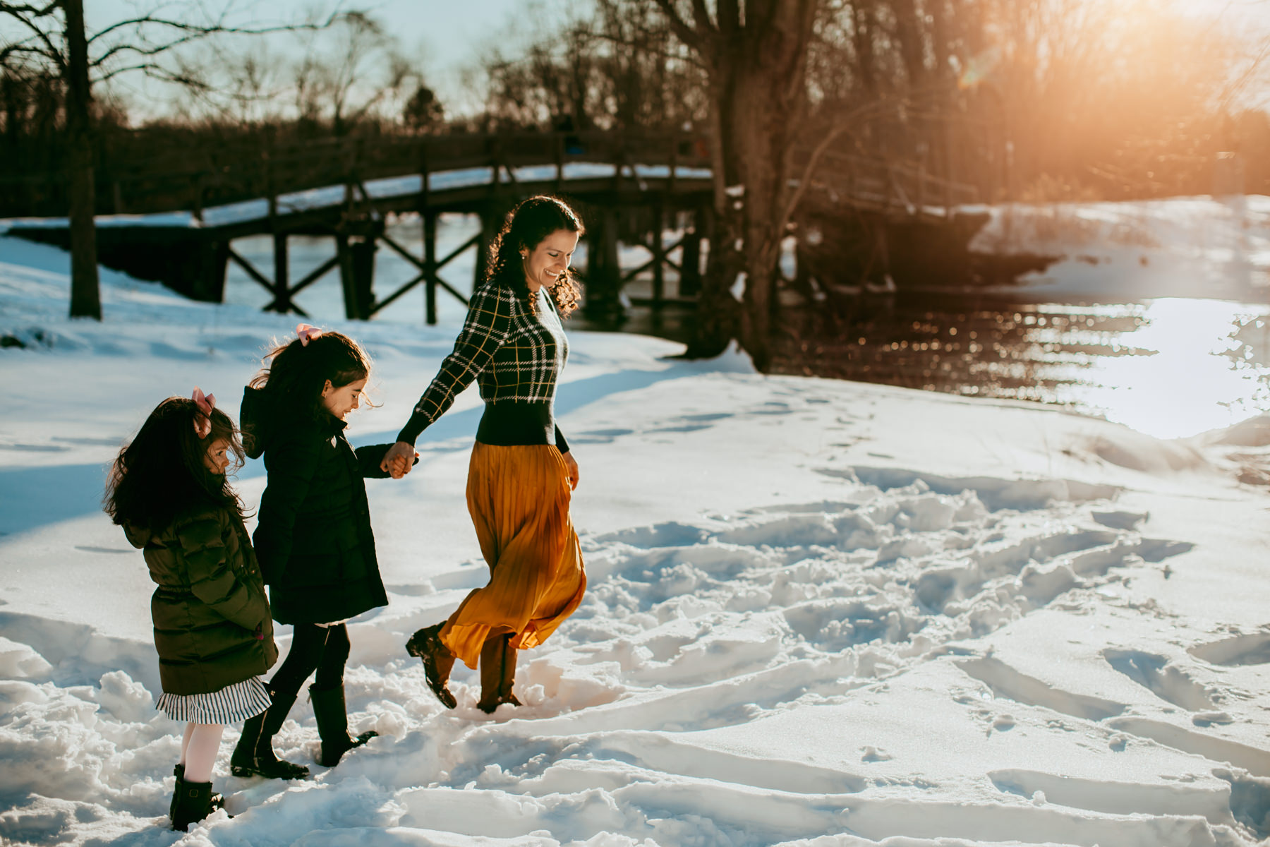 Winter Snow Photos - Boston Family Photographer - Mom holding hands with girls